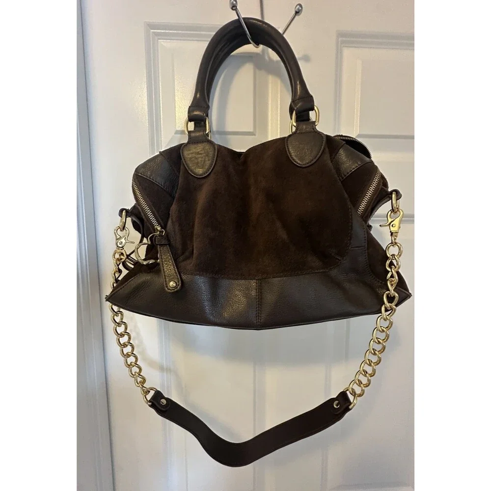 AUDREY BROOKE Brown Suede & Leather Crossbody Satchel Handbag W/ Chain Strap - Picture 1 of 16